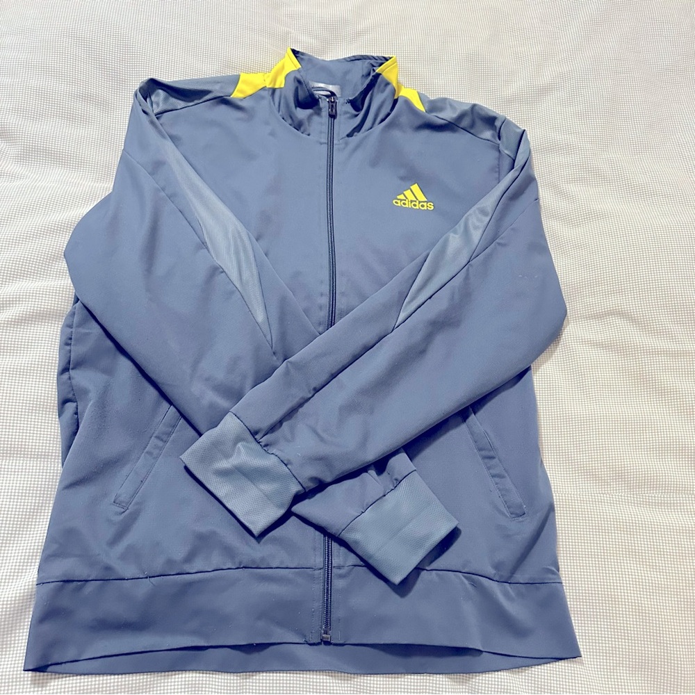 Men’s Adidas track jacket! Super cool grey with yellow accents. Size Med.